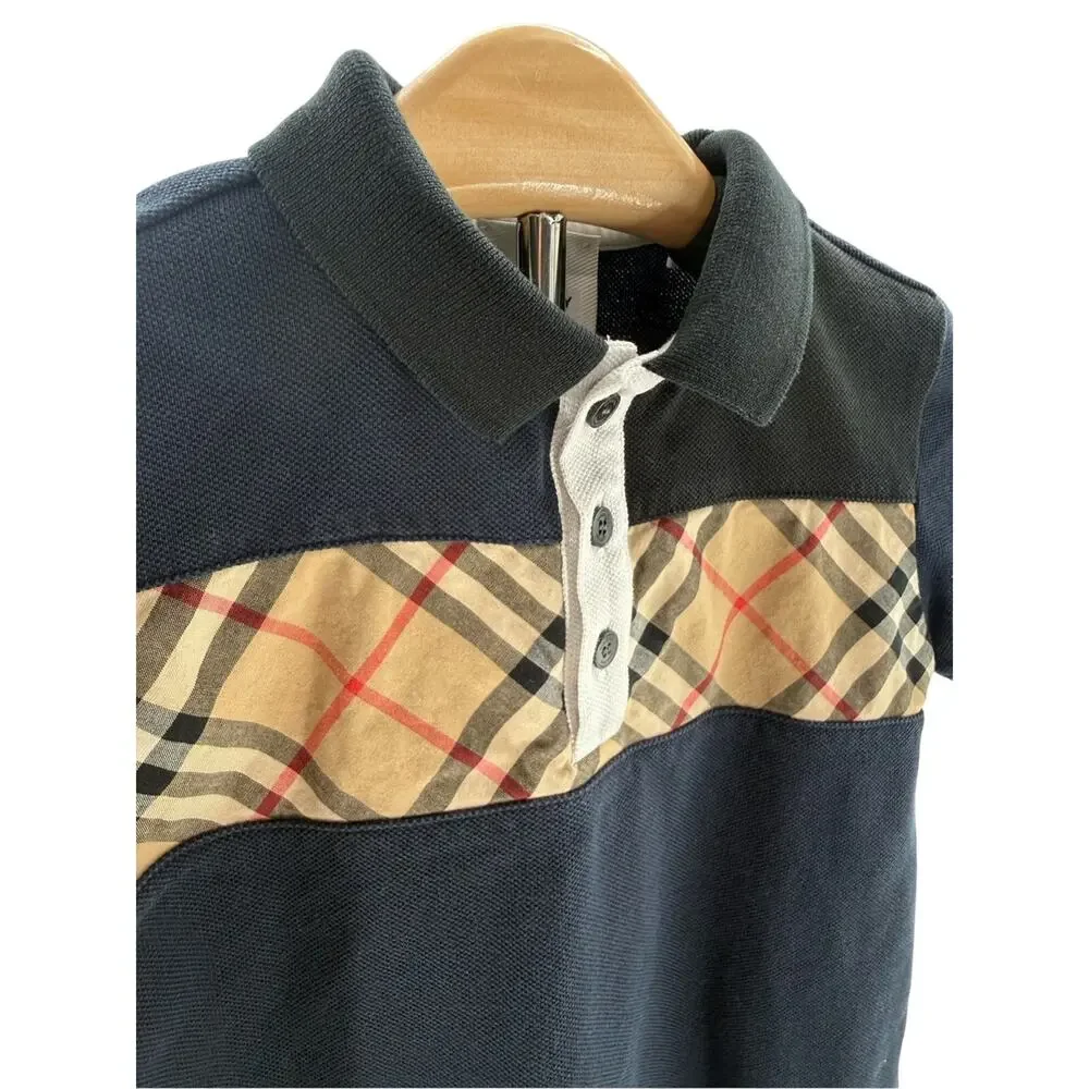 Burberry Boys Jeff Navy Blue Nova Check Color Block Polo Shirt Size 4 Youth